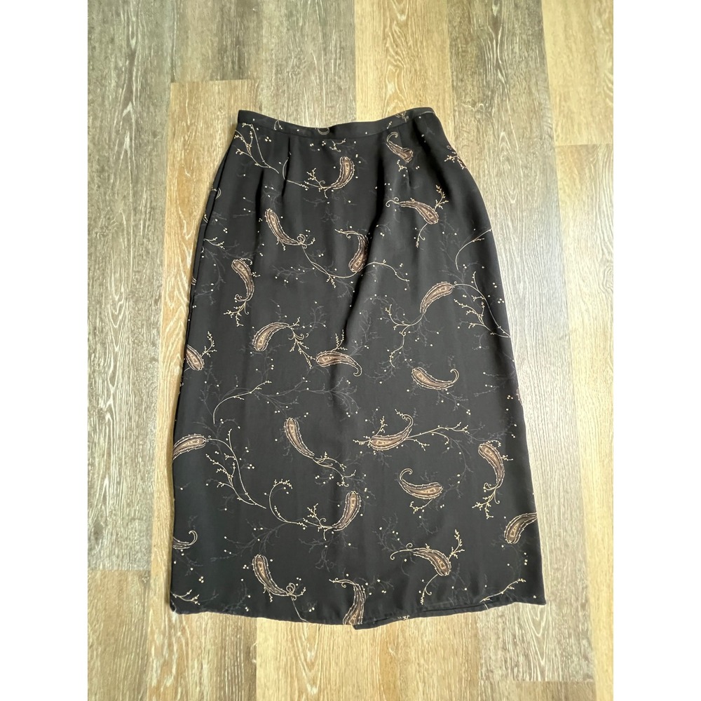 Worthington Petite Maxi Skirt Women 12P‎ Black Paisley Print High Waist Slit